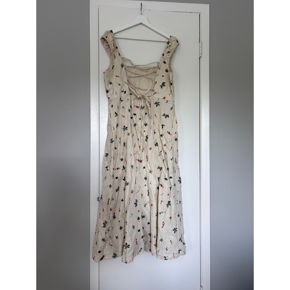 Zara Midi Dress XL Cream Floral Embroidered Linen Flower Lace Up Back Slit Boho - Picture 6 of 8